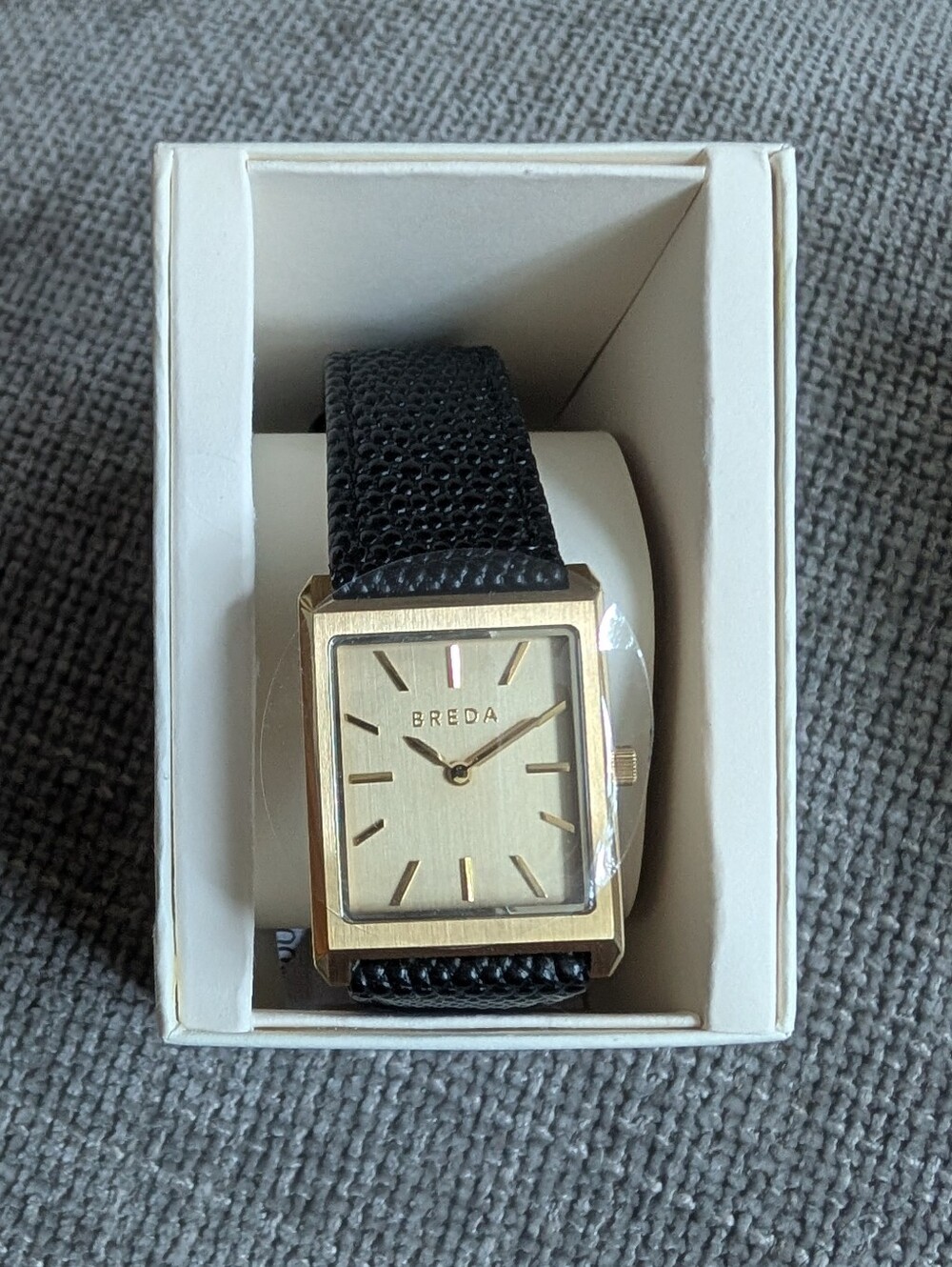 BREDA Men's Black Leather Strap Gold-Tone Square Watch